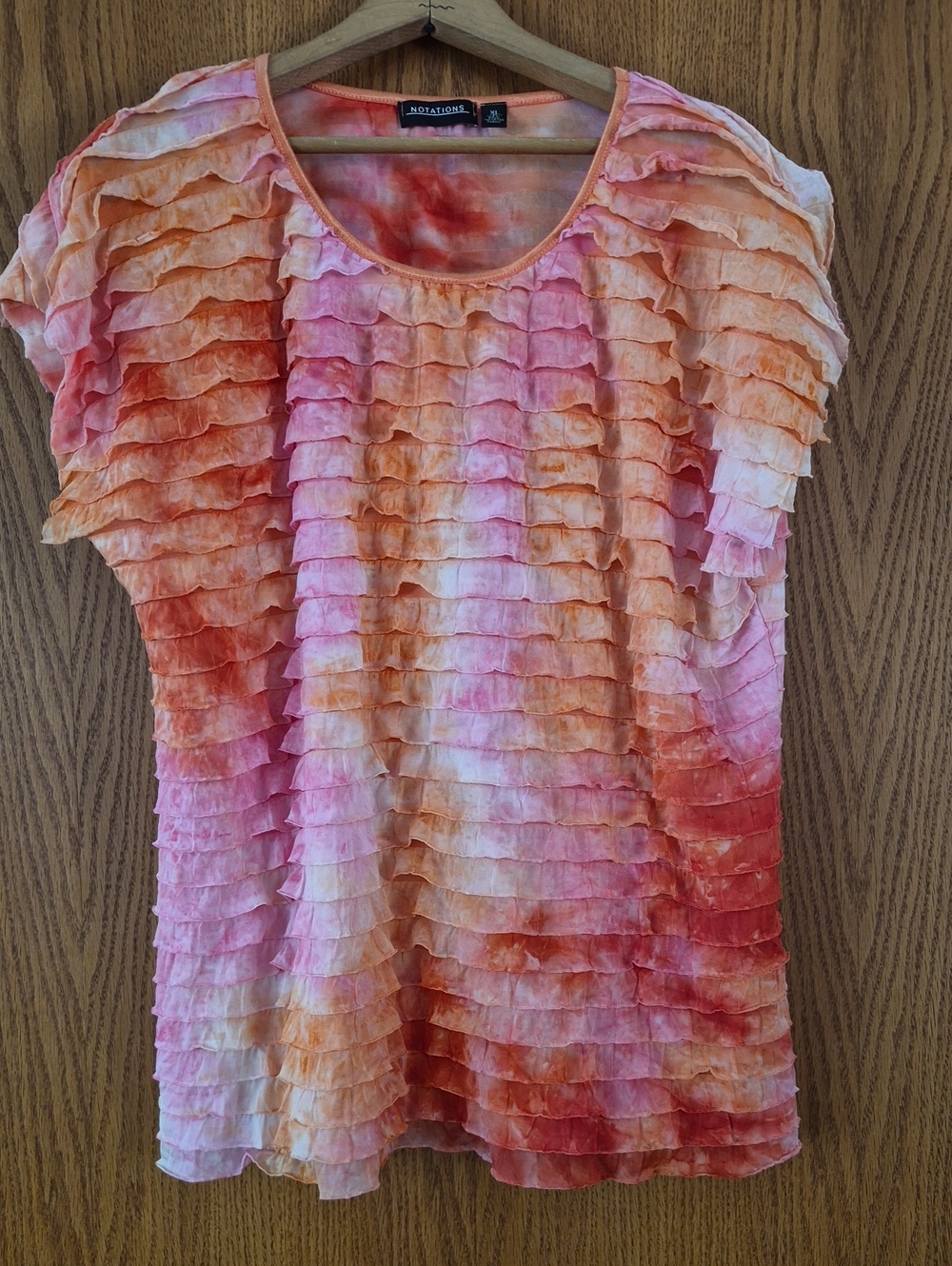 Notations Orange Pink Tie Dye Layered Ruffle Top Sz XL